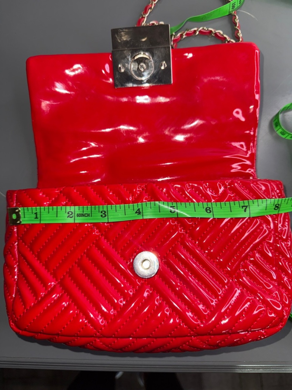 Purification Garcia Glossy Red Quilted Patent Shoulder Bag with Chain Strap - Picture 8 of 10
